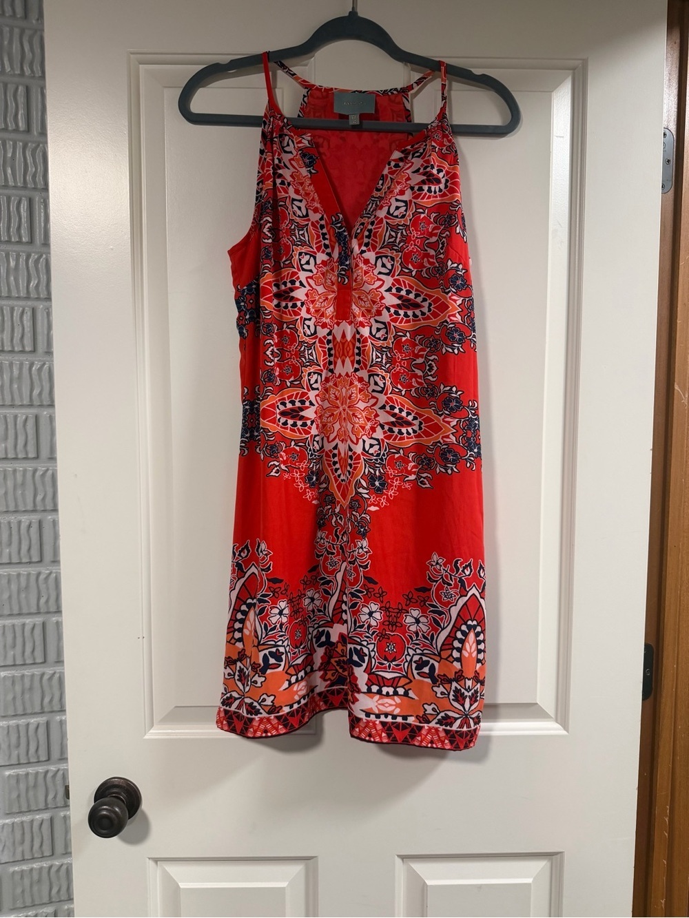 Skies Are Blue Boho Print Shift Dress XS | Coral Orange Sleeveless Sundress NWOT